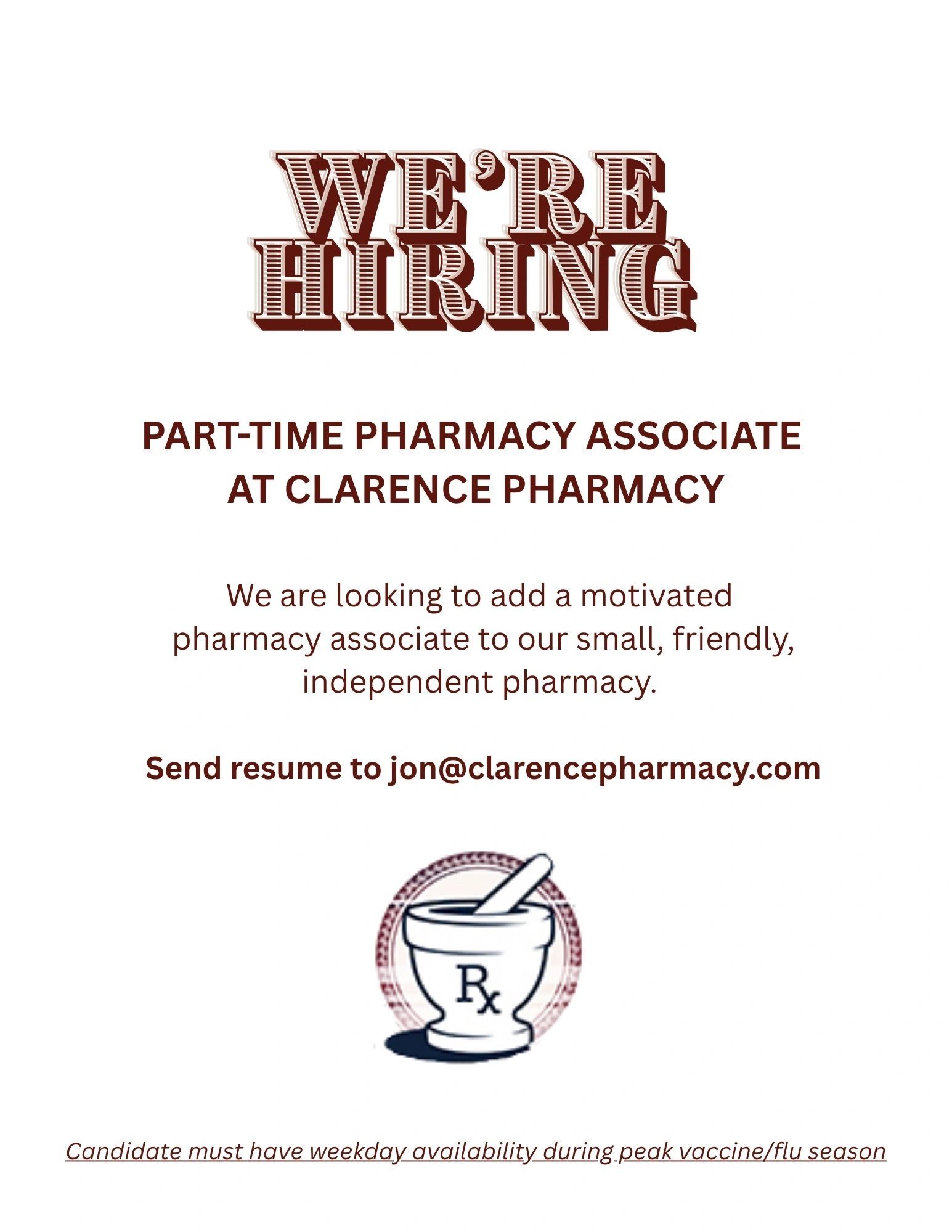 We're Hiring — Part-Time Pharmacy Associate at Clarence Pharmacy